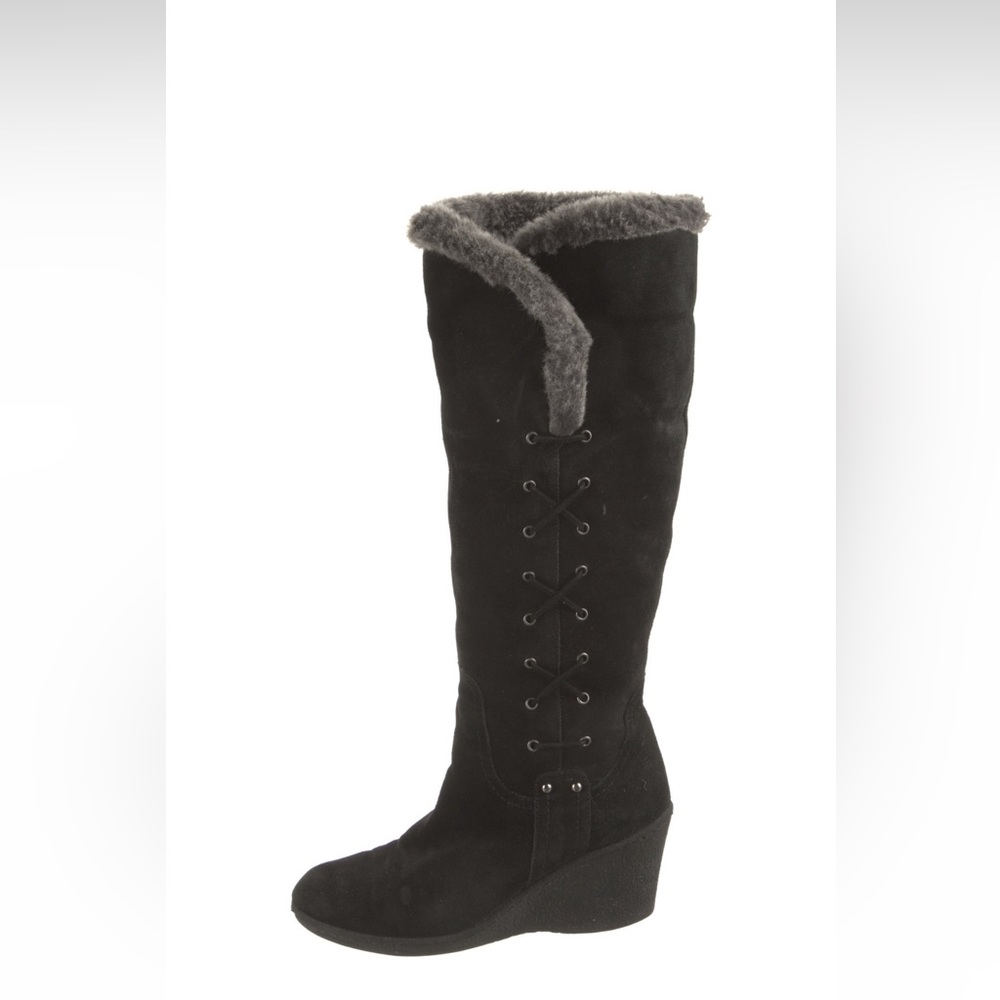 Aquatalia Black Suede Knee-High Wedge Boots with Gray Faux Fur Trim